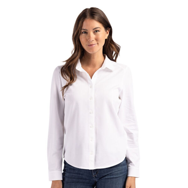 Cutter & Buck Advantage Tri-Blend Eco Soft Pique Long Sleeve Knitted Womens Button Down Miniaturansicht